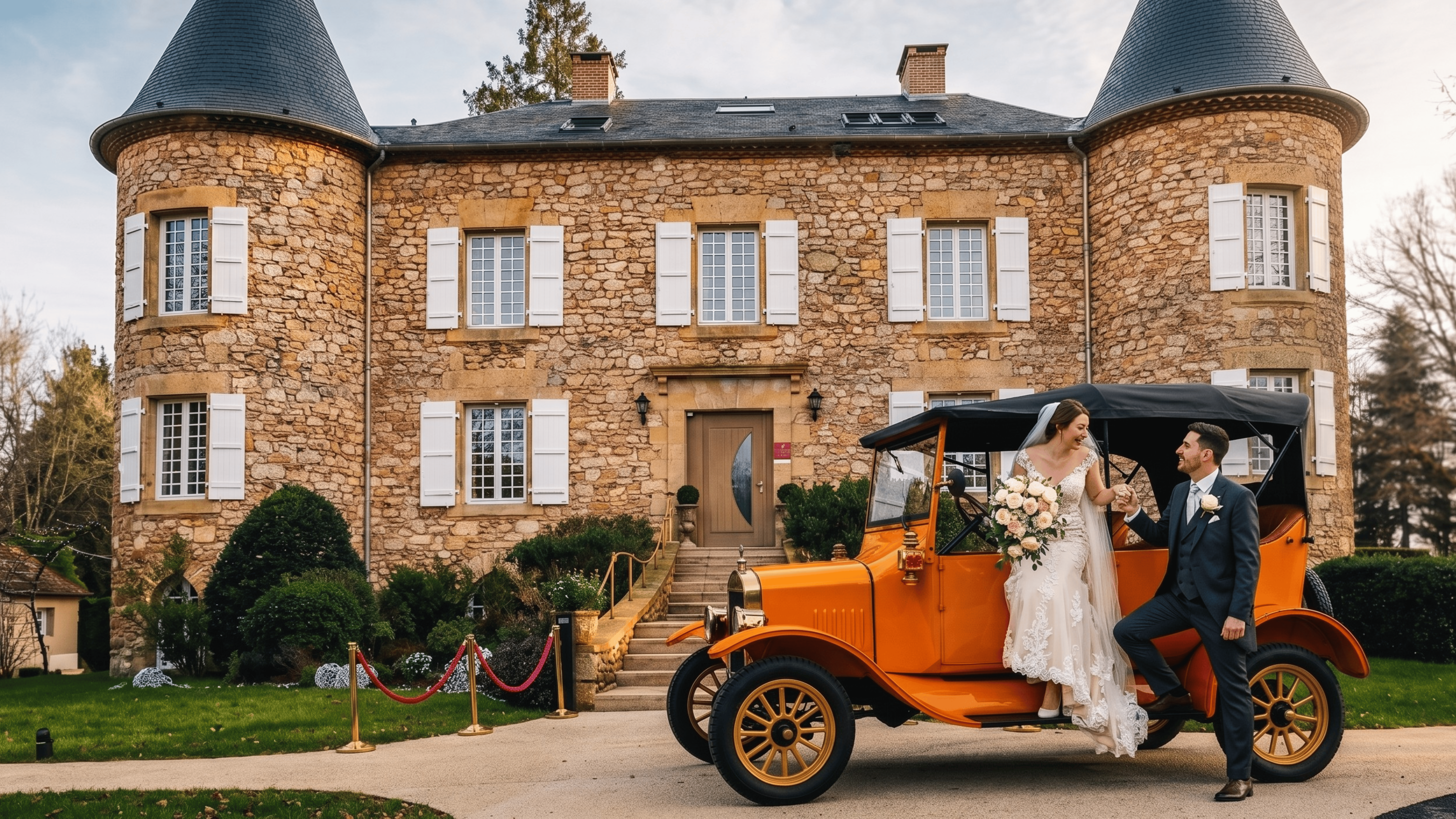 Mariées descendant d'une voiture ancienne orange devant le château de Maraval